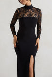 Arden Black High-Neck Split Maxi Dress With Lace Sleeves