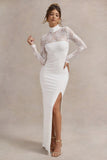 Arden White High-Neck Split Maxi Dress With Lace Sleeves