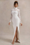 Arden White High-Neck Split Maxi Dress With Lace Sleeves