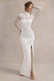 Arden White High-Neck Split Maxi Dress With Lace Sleeves