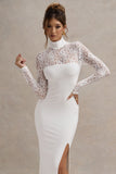 Arden White High-Neck Split Maxi Dress With Lace Sleeves