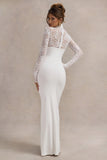 Arden White High-Neck Split Maxi Dress With Lace Sleeves