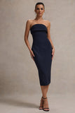 Highway Navy Pinstripe Strapless Midi Dress