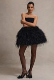 Peaches Black Strapless Mini Dress With Volume Feather Hem