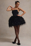 Peaches Black Strapless Mini Dress With Volume Feather Hem