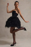Peaches Black Strapless Mini Dress With Volume Feather Hem