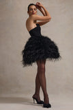 Peaches Black Strapless Mini Dress With Volume Feather Hem