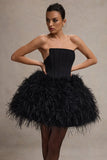 Peaches Black Strapless Mini Dress With Volume Feather Hem