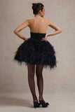 Peaches Black Strapless Mini Dress With Volume Feather Hem