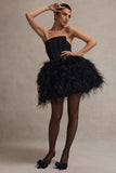 Peaches Black Strapless Mini Dress With Volume Feather Hem