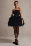 Peaches Black Strapless Mini Dress With Volume Feather Hem