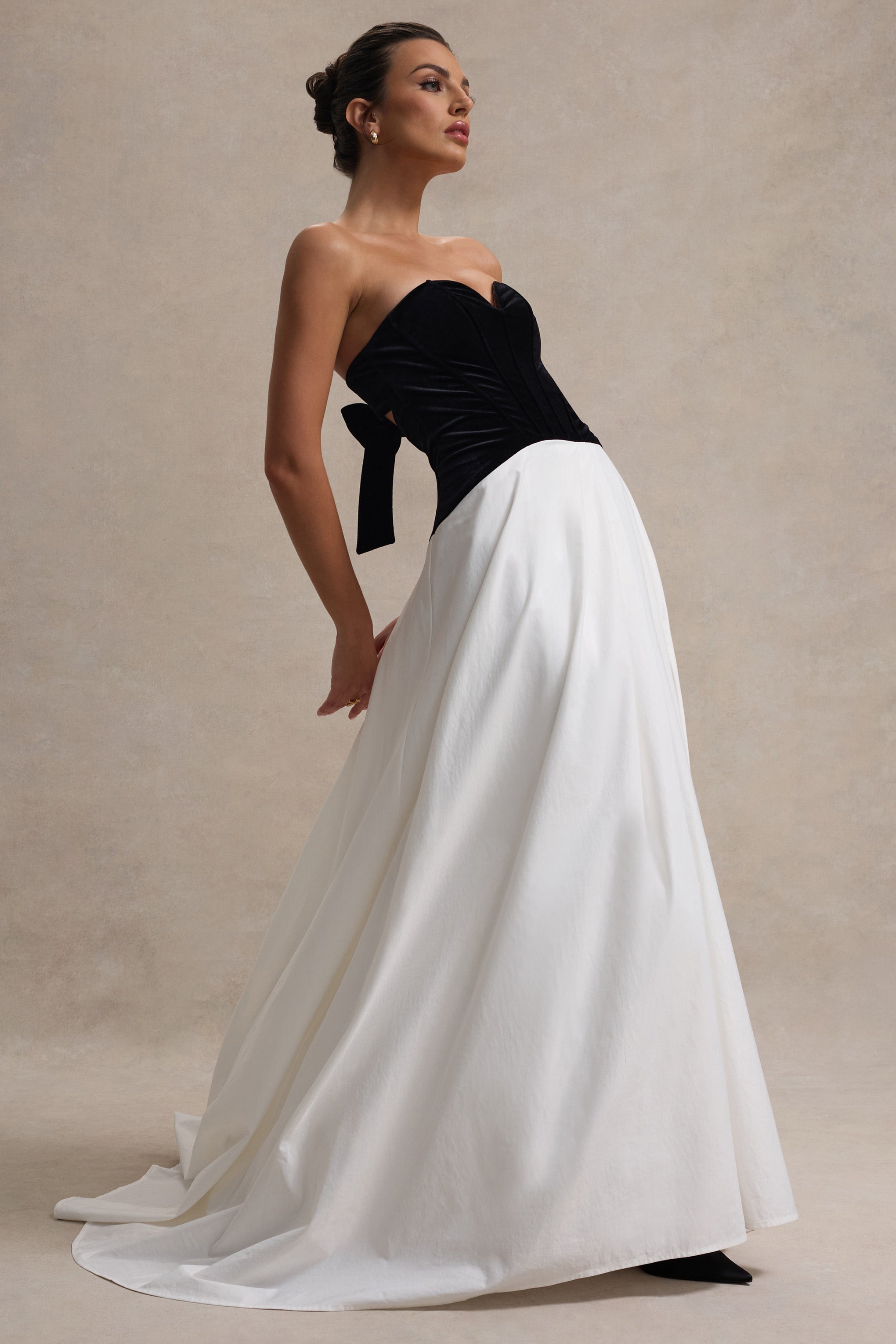 Lucienne Black & Cream Sweetheart Corset Split Maxi Dress