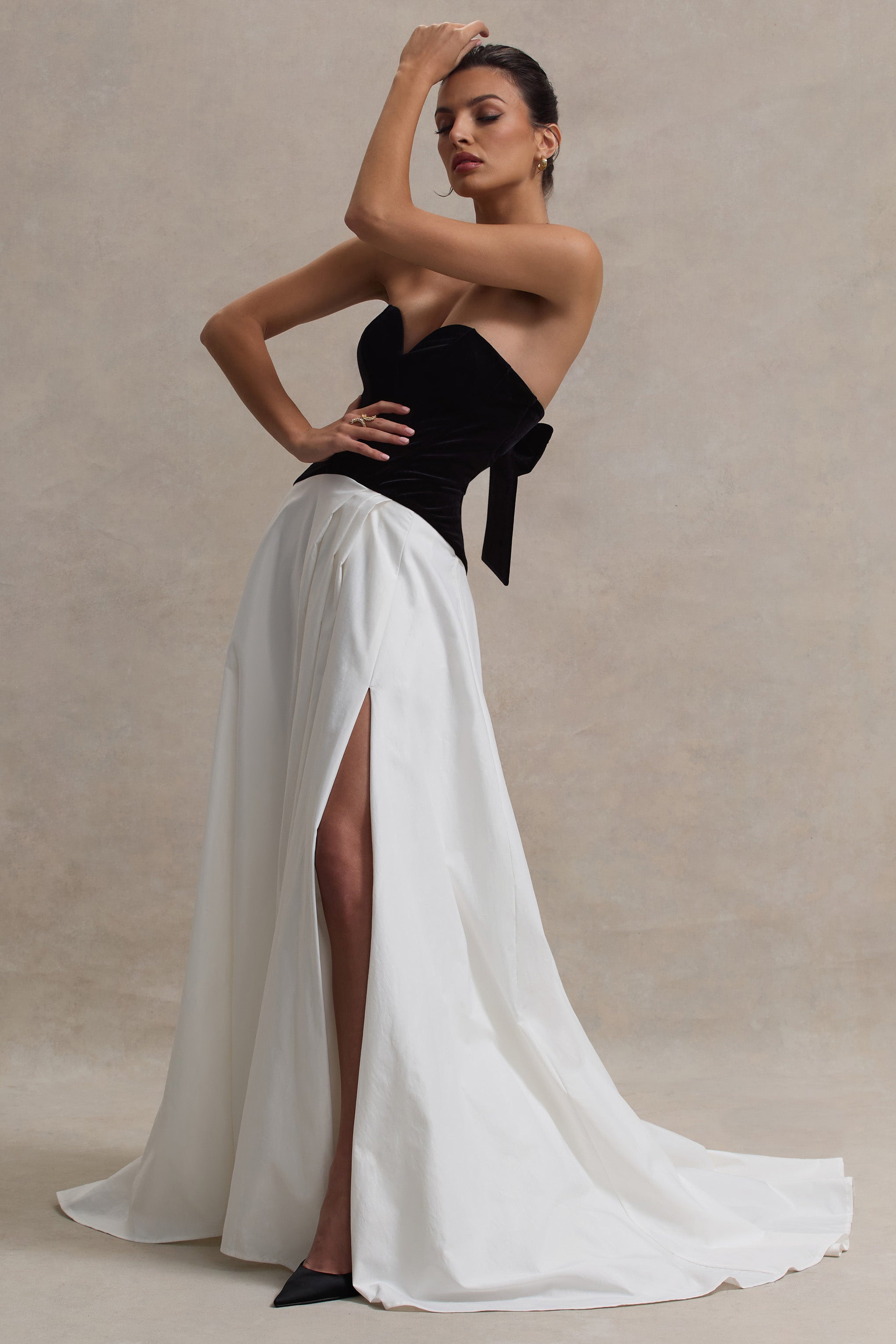 Lucienne Black & Cream Sweetheart Corset Split Maxi Dress