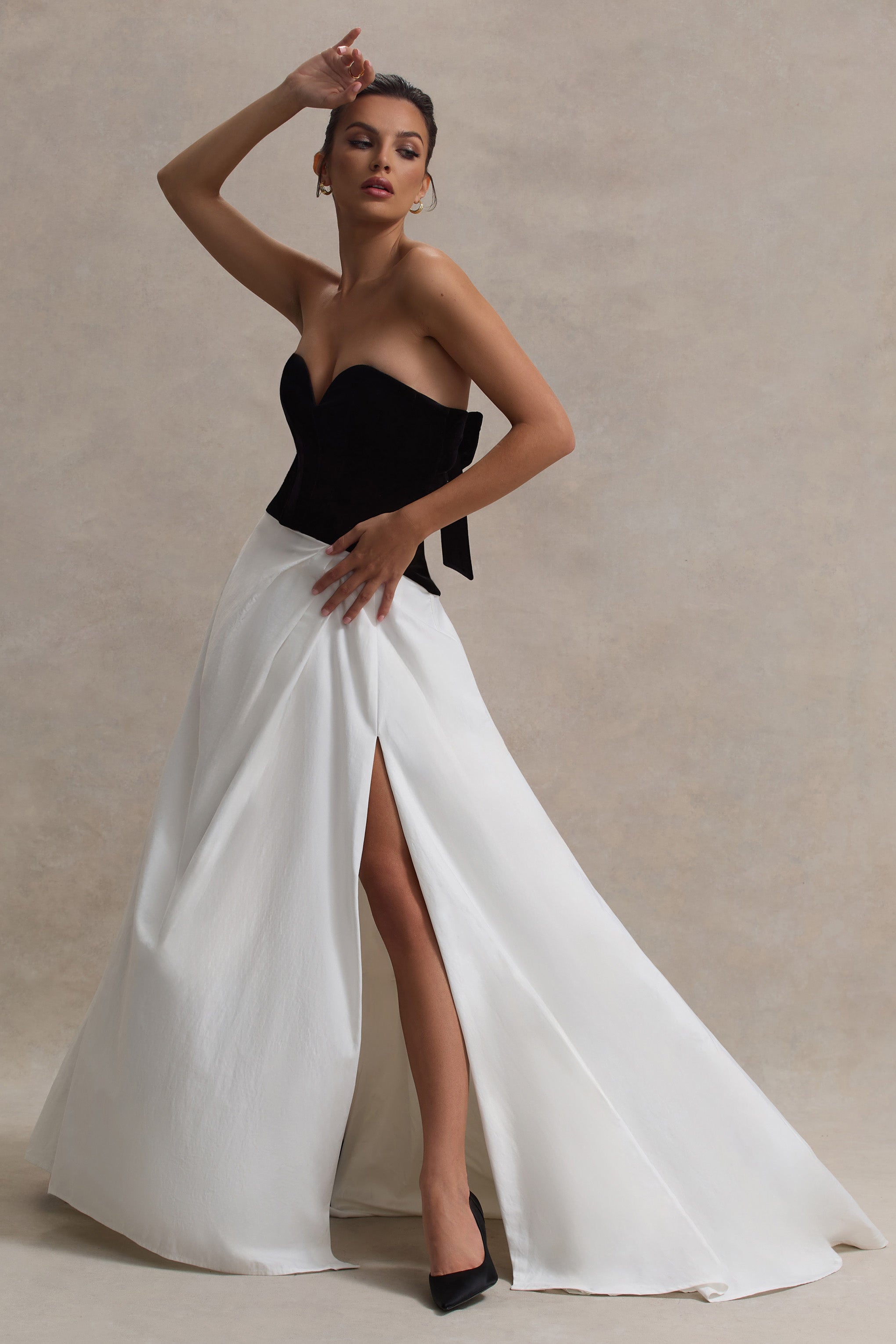 Lucienne Black & Cream Sweetheart Corset Split Maxi Dress