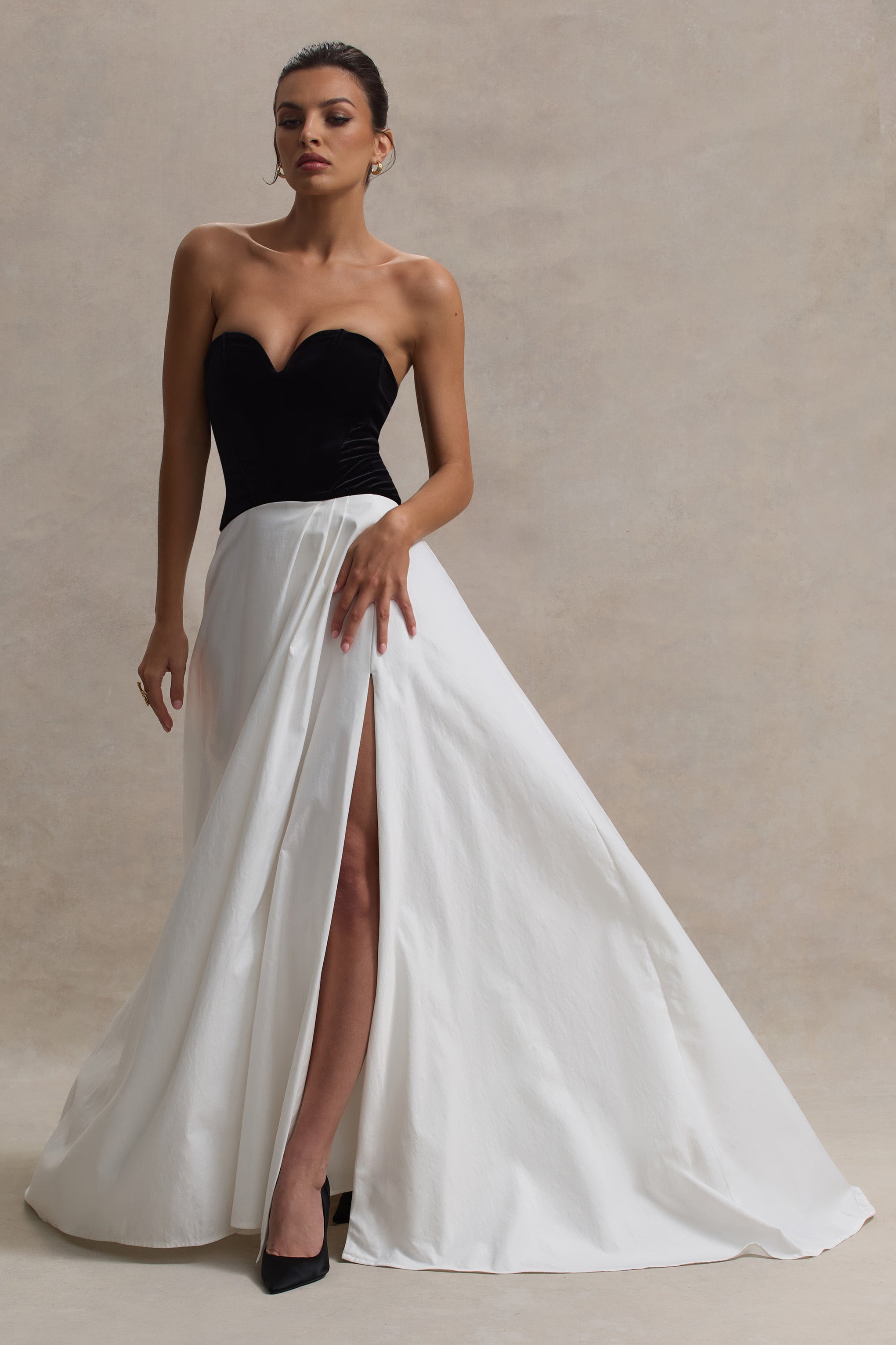 Lucienne Black & Cream Sweetheart Corset Split Maxi Dress