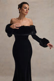 Mystique Black Bardot Split Maxi Dress With Fur Trims
