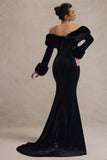 Mystique Black Bardot Split Maxi Dress With Fur Trims