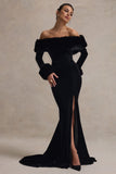 Mystique Black Bardot Split Maxi Dress With Fur Trims