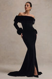 Mystique Black Bardot Split Maxi Dress With Fur Trims