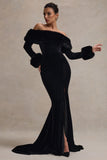 Mystique Black Bardot Split Maxi Dress With Fur Trims