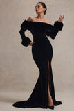 Mystique Black Bardot Split Maxi Dress With Fur Trims