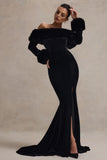 Mystique Black Bardot Split Maxi Dress With Fur Trims