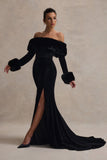 Mystique Black Bardot Split Maxi Dress With Fur Trims