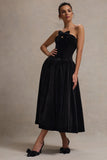 Hepburn Black Velvet Bandeau Midi Dress With Bow