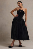 Hepburn Black Velvet Bandeau Midi Dress With Bow