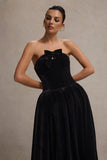 Hepburn Black Velvet Bandeau Midi Dress With Bow