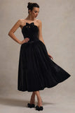 Hepburn Black Velvet Bandeau Midi Dress With Bow