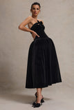 Hepburn Black Velvet Bandeau Midi Dress With Bow