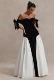 Cyndi Black & Cream Velvet Bardot Maxi Dress With Volume Skirt