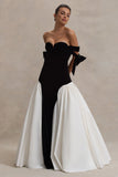 Cyndi Black & Cream Velvet Bardot Maxi Dress With Volume Skirt