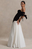 Cyndi Black & Cream Velvet Bardot Maxi Dress With Volume Skirt