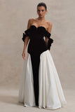 Cyndi Black & Cream Velvet Bardot Maxi Dress With Volume Skirt