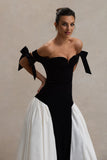 Cyndi Black & Cream Velvet Bardot Maxi Dress With Volume Skirt
