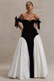 Cyndi Black & Cream Velvet Bardot Maxi Dress With Volume Skirt