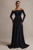 Astoria Black Lace Bardot Maxi Dress With Chiffon Skirt