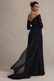 Astoria Black Lace Bardot Maxi Dress With Chiffon Skirt