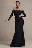 Astoria Black Lace Bardot Maxi Dress With Chiffon Skirt