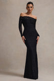 Astoria Black Lace Bardot Maxi Dress With Chiffon Skirt
