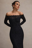 Astoria Black Lace Bardot Maxi Dress With Chiffon Skirt
