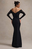 Astoria Black Lace Bardot Maxi Dress With Chiffon Skirt