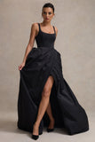 Infinite Black Strappy Maxi Dress With Volume High-Low Skirt