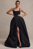 Infinite Black Strappy Maxi Dress With Volume High-Low Skirt