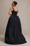 Infinite Black Strappy Maxi Dress With Volume High-Low Skirt
