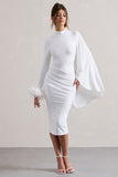 Tamika White High-Neck Cape-Sleeve Midi Dress With Feathers