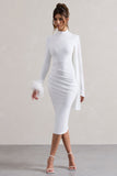 Tamika White High-Neck Cape-Sleeve Midi Dress With Feathers