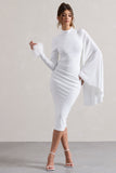 Tamika White High-Neck Cape-Sleeve Midi Dress With Feathers